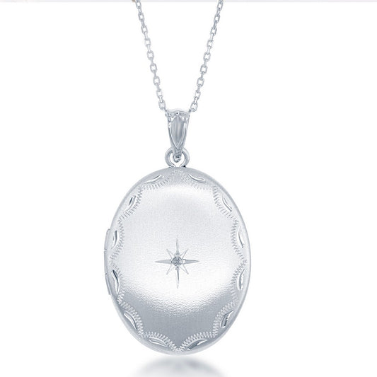 Sterling Silver Matte with Diamond Border and Center Diamond Star Oval Locket W/chain