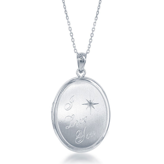 Sterling Silver "I Love You" with Star and Center Diamond Oval Locket W/chain