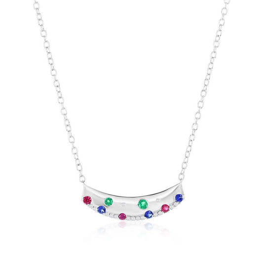 Sterling Silver, Lab-Grown Gem & Natural Diamond Curved Bar Necklace - (23 Stones)