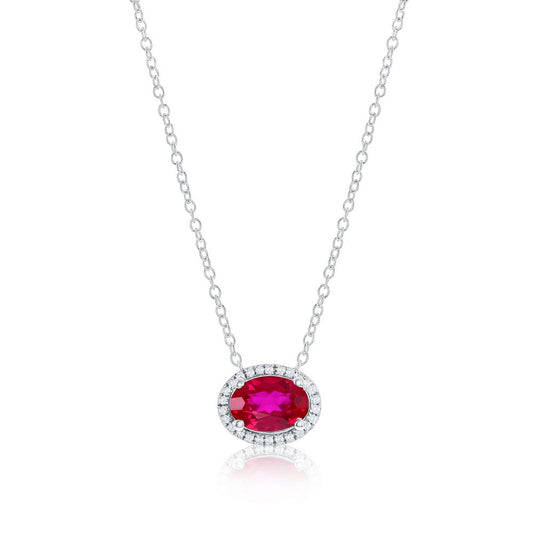 Sterling Silver, Oval Lab-Grown 0.76ct Ruby & 0.05ct Natural Diamond Necklace - (27 Stones)