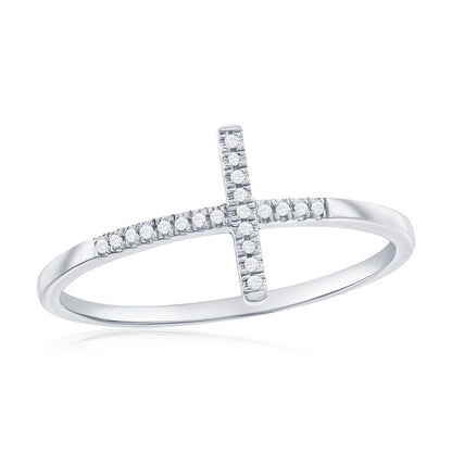 Sterling Silver, Sideways Cross Diamond Ring - (21 Stones)