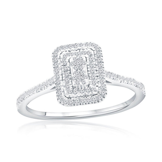 Sterling Silver, Double Frame Emerald Diamond Ring - (119 Stones)