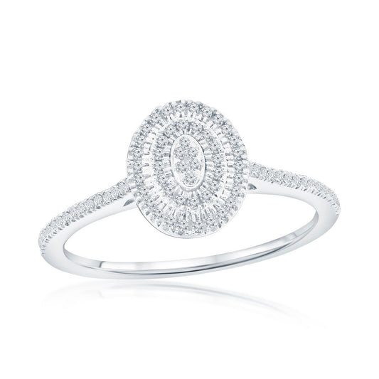 Sterling Silver, Double Frame Oval Diamond Ring - (97 Stones)