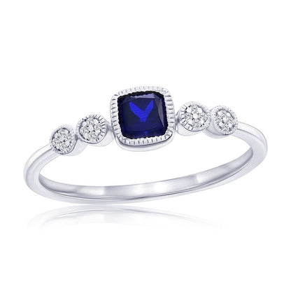 Sterling Silver, Lab-Grown 0.45ct Sapphire & 0.03ct Natural Diamond Ring - (17 Stones)