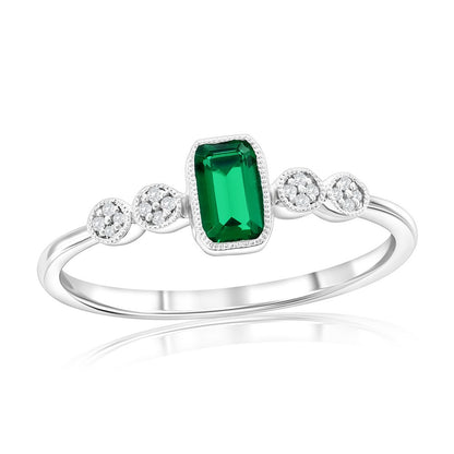 Sterling Silver, Lab-Grown Emerald & Natural Diamond Ring - (17 Stones)