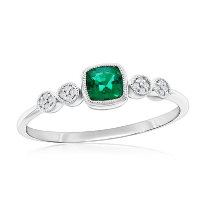 Sterling Silver, Lab-Grown Emerald & Natural Diamond Ring - (17 Stones)