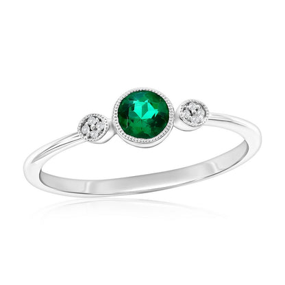Sterling Silver, Lab-Grown Emerald & Natural Diamond Ring - (9 Stones)