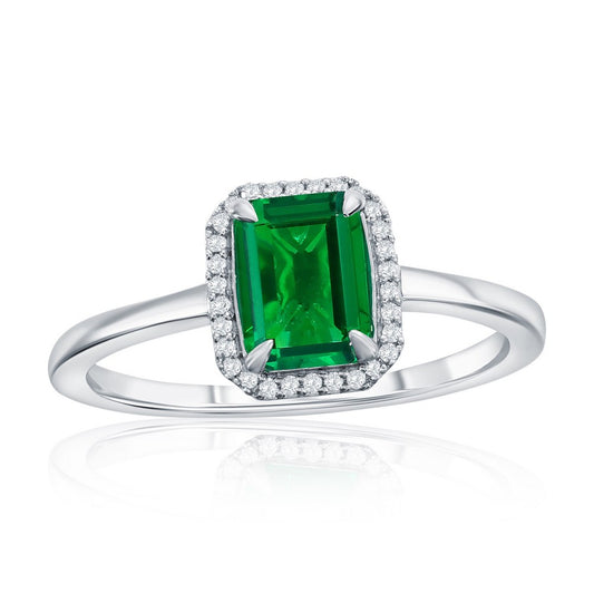 Sterling Silver, Lab-Grown 0.80ct Emerald & 0.06ct Natural Diamond Ring - (31 Stones)