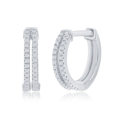 Sterling Silver, 13mm Double Row Huggie, Diamond Earrings - (60 Stones)