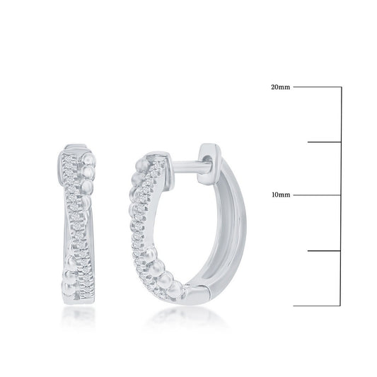 Sterling Silver,15mm 'X' Design Diamond Hoop Earrings - (36 Stones)