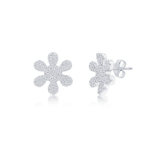 Sterling Silver, Flower Diamond Stud Earrings - (74 Stones)