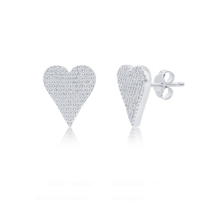 Sterling Silver, Heart Design Diamond Stud Earrings - (118 Stones)