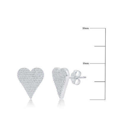 Sterling Silver, Heart Design Diamond Stud Earrings - (118 Stones)