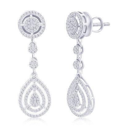 Sterling Silver, Round & Pearshaped Halo Diamond Earrings - (250 Stones)