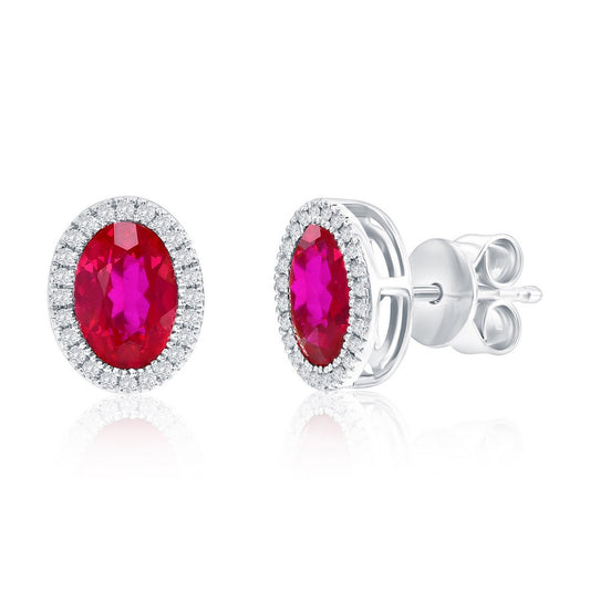 Sterling Silver, Oval Lab-Grown 1.86ct Ruby & 0.12ct Natural Diamond Studs - (50 Stones)