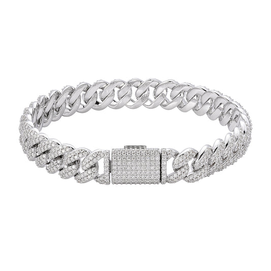 Sterling Silver Moissanite 10mm Cuban Bracelet 8 Inch Rhodium Plated 5-1/10 CT