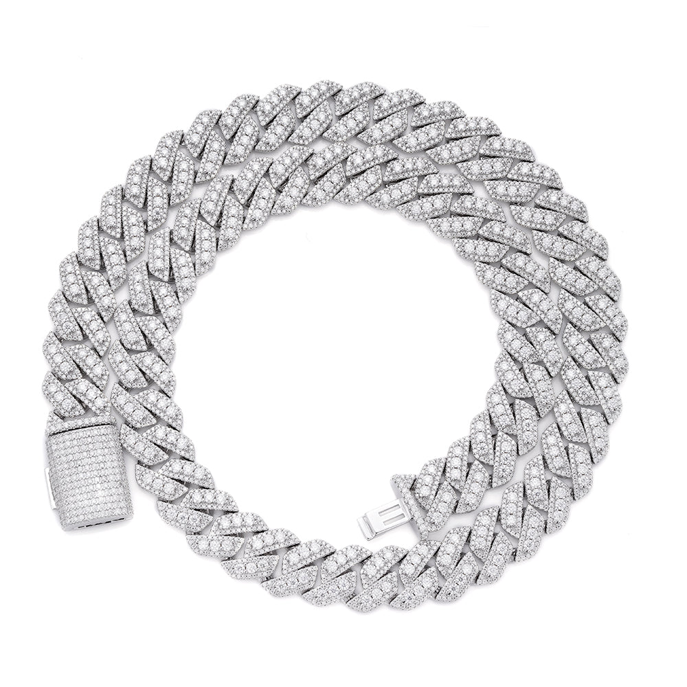 Sterling Silver Round Big Stone in Center Surrounded with Small Stones 14mm Moissanite Cuban Chain 22Inch Necklace RP 34 Cttw