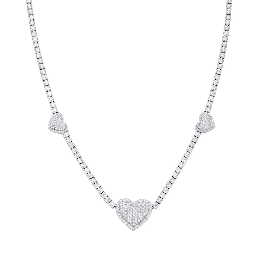 Sterling Silver Round Moissanite 15mm Heart Designer With 3mm Tennis Chain 20 Inch Necklace Rhodium Plated 1-1/3 CT