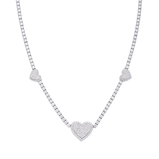 Sterling Silver Round Moissanite 15mm Heart Designer With 3mm Tennis Chain 18 Inch Necklace Rhodium Plated 1-1/3 CT