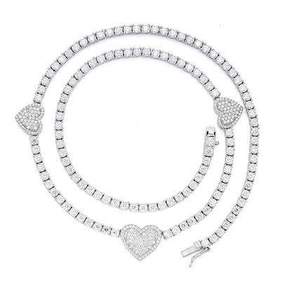 Elegant moissanite heart tennis necklace featuring sparkling heart-shaped accents and a sleek design