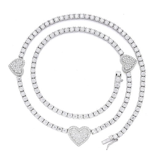 Elegant moissanite heart tennis necklace featuring sparkling heart-shaped accents and a sleek design