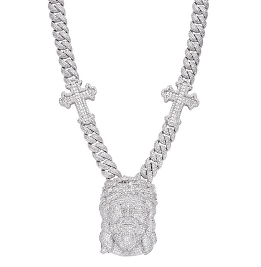 Sterling Silver Round Baguette Moissanite Jesus & Cross Cuban Designer 22Inch Necklace RP 38-1/2 Cttw