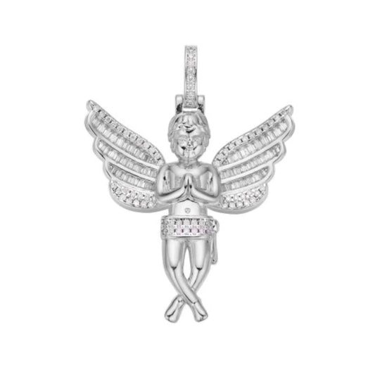 Sterling Silver Moissanite Angel Wings Religious Pendant 1-1/2 CT Rhodium Plated