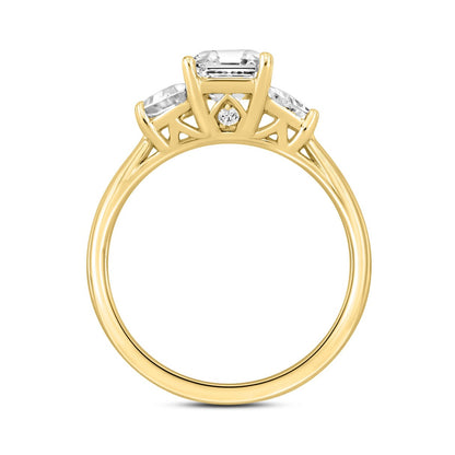 Beautiful Diamond World certified emerald cut diamond ring with three sparkling stones in a yellow gold setting