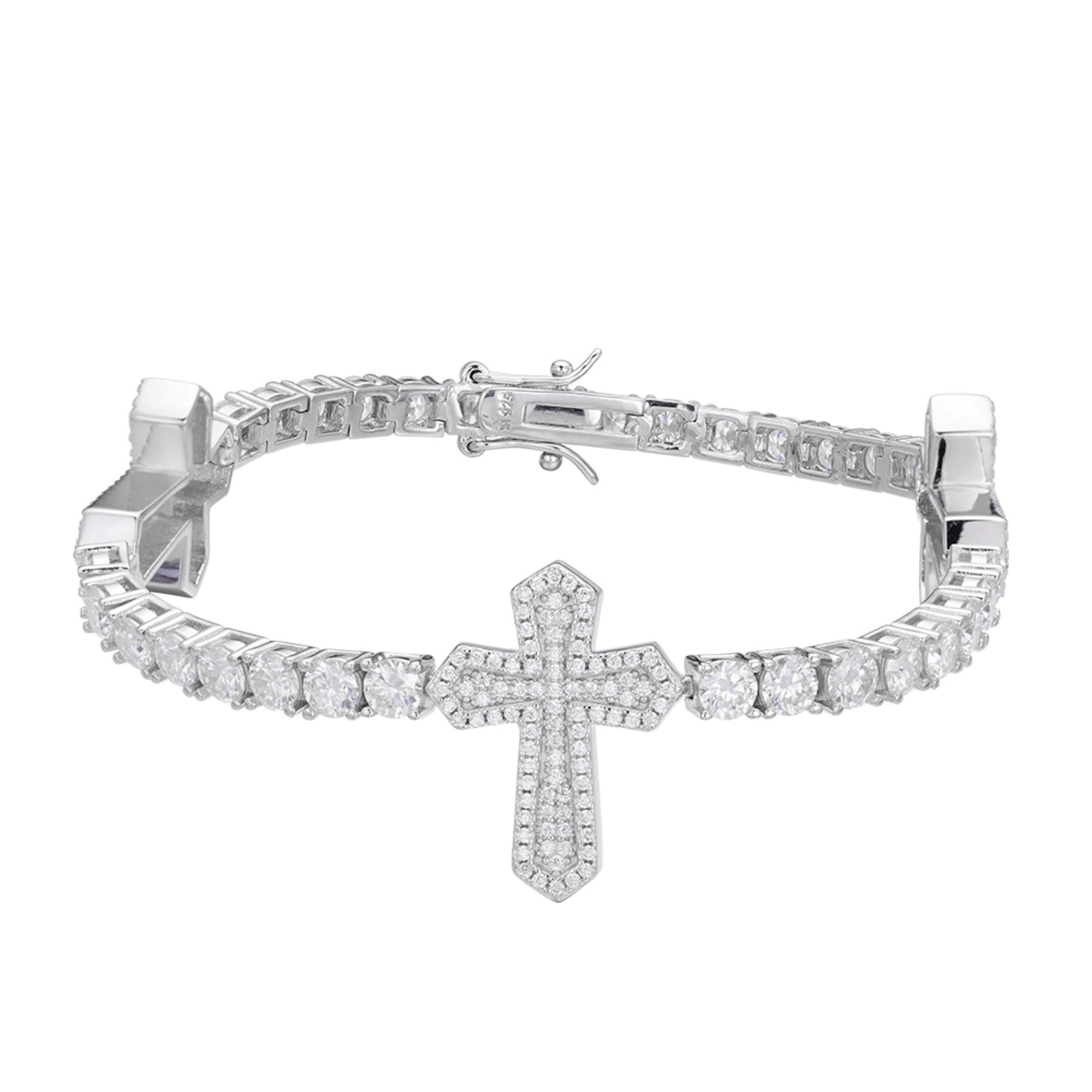 Sterling Silver Round Moissanite Cross Religious Bracelet 8.5 Inch Rhodium Plated 12-1/3 CT