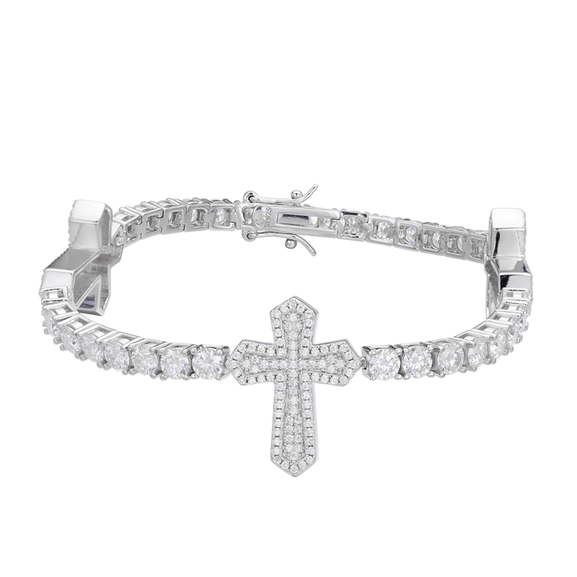 Sterling Silver Round Moissanite Cross Religious Bracelet 8.5 Inch Rhodium Plated 12-1/3 CT