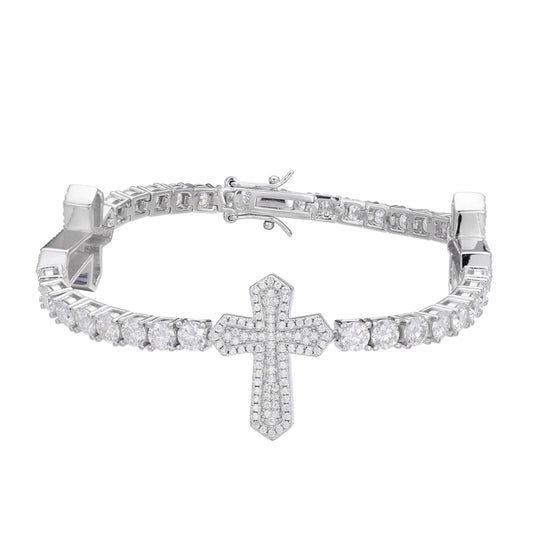Sterling Silver Round Moissanite Cross Religious Bracelet 8.5 Inch Rhodium Plated 12-1/3 CT