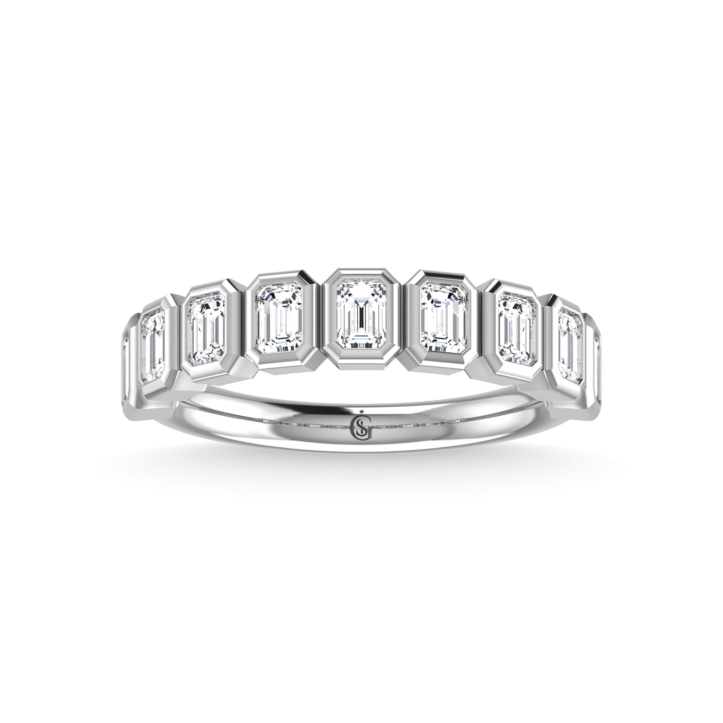 14K White Gold Lab Grown Diamond  7/8 CT Emerald Shape Half way Bezel Band
