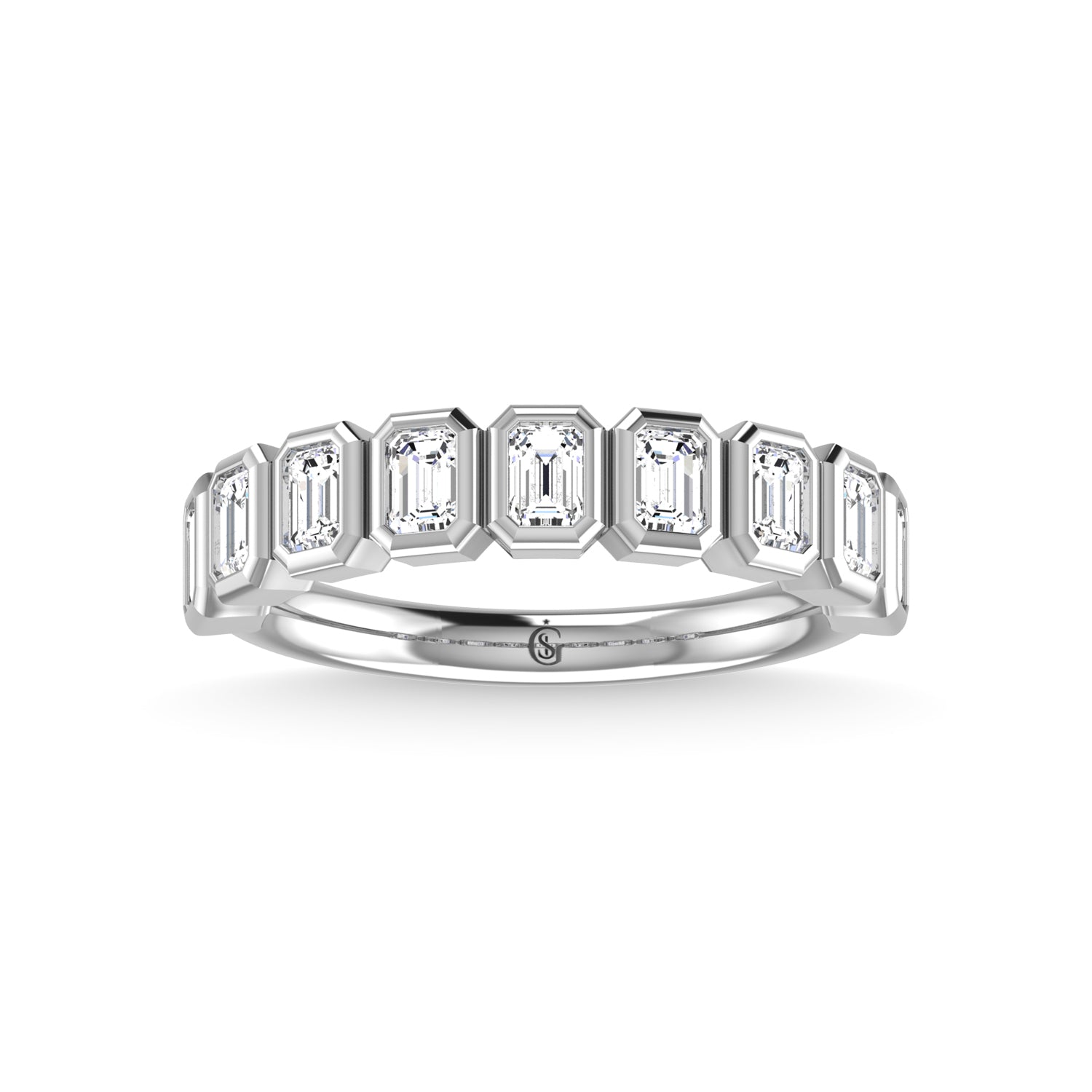 14K White Gold Lab Grown Diamond  7/8 CT Emerald Shape Half way Bezel Band