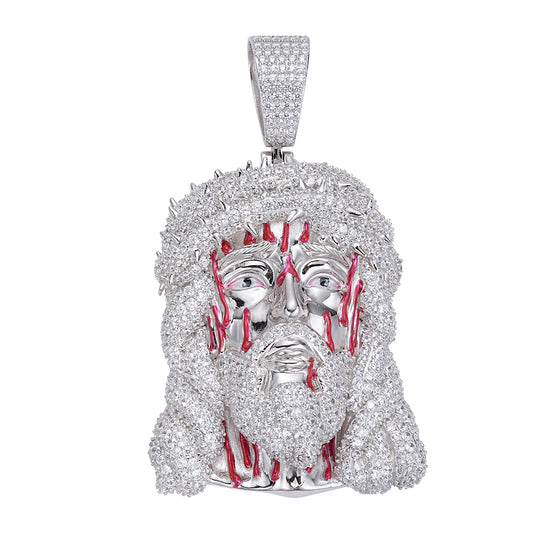 Sterling Silver 60mm Round Moissanite Jesus Face Religious Pendant Rhodium Plated 21-5/8 CT
