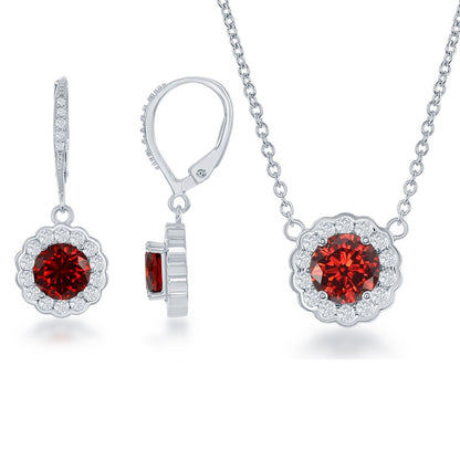 Sterling Silver, January Birthstone w/CZ Border Round Earrings and Necklace Set