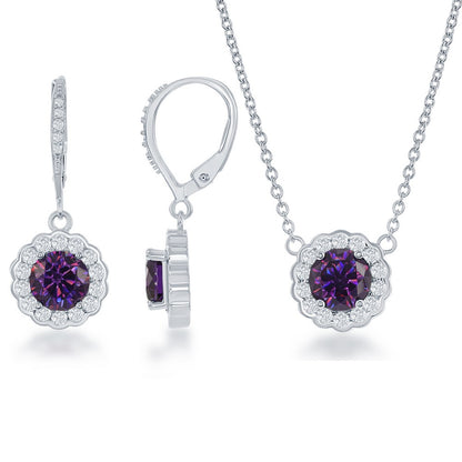 Sterling Silver, February Birthstone w/CZ Border Round Earrings and Necklace Set