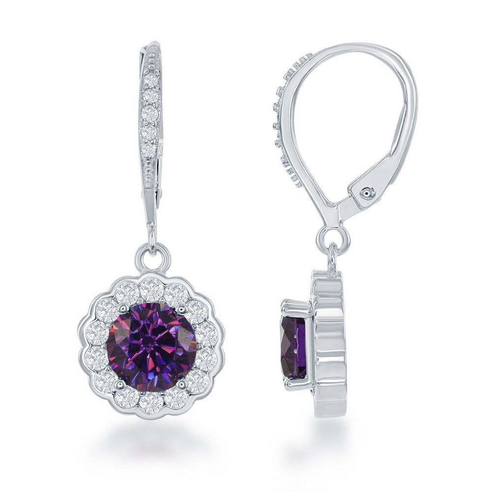 Sterling Silver, February Birthstone w/CZ Border Round Earrings and Necklace Set