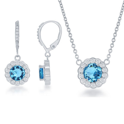 Sterling Silver, March Birthstone w/CZ Border Round Earrings and Necklace Set