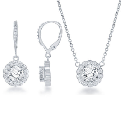 Sterling Silver, April Birthstone w/CZ Border Round Earrings and Necklace Set