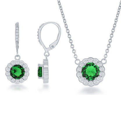 Sterling Silver, May Birthstone w/CZ Border Round Earrings and Necklace Set