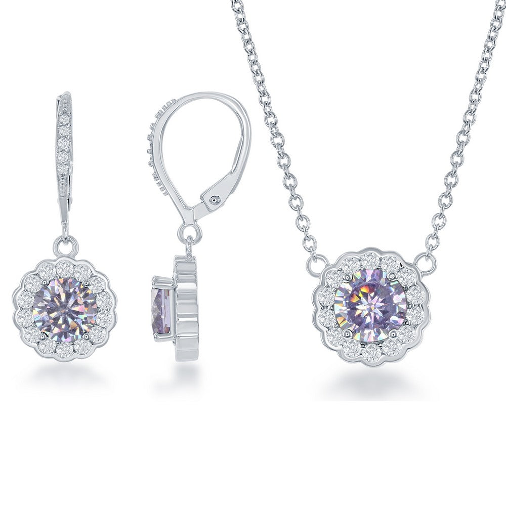 Sterling Silver, June Birthstone w/CZ Border Round Earrings and Necklace Set