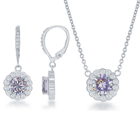 Sterling Silver, June Birthstone w/CZ Border Round Earrings and Necklace Set