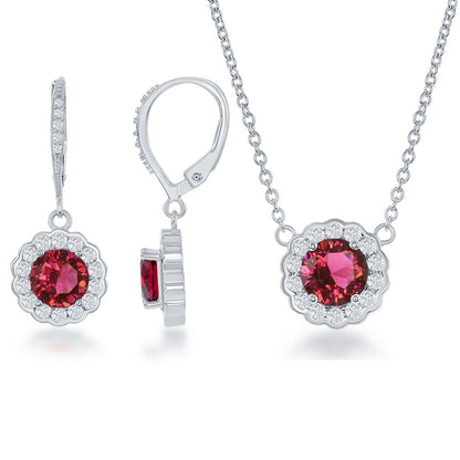 Sterling Silver, July Birthstone w/CZ Border Round Earrings and Necklace Set