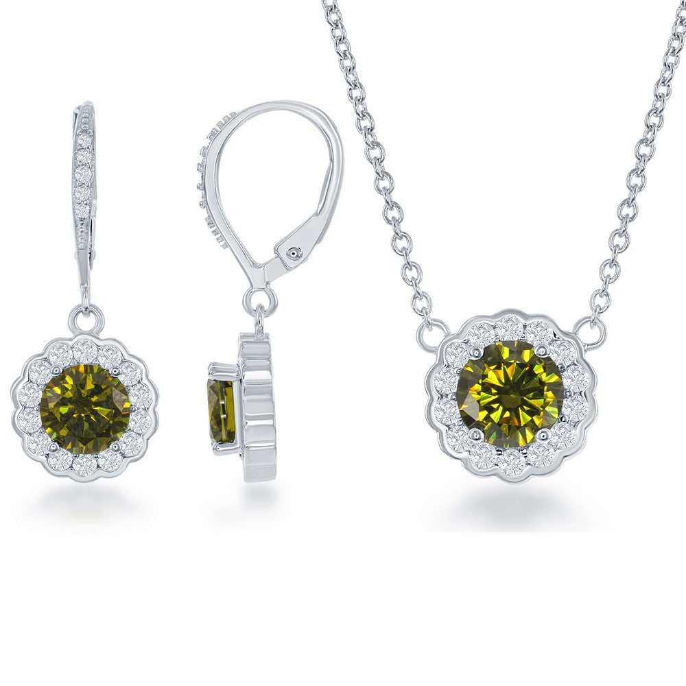 Sterling Silver, Peridot CZ August Birthstone w/CZ Border Round Earrings and Necklace Set
