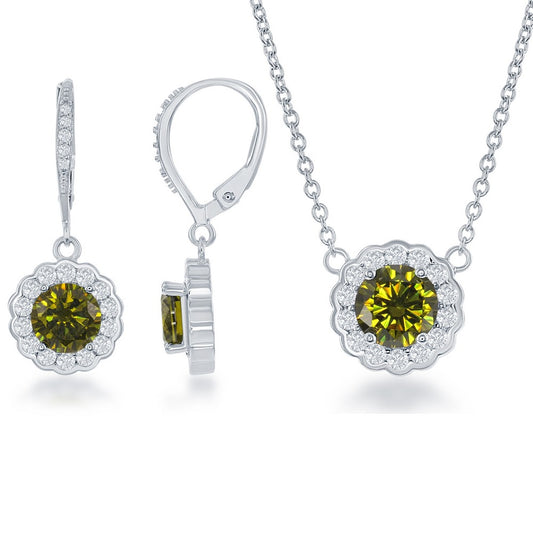 Sterling Silver, Peridot CZ August Birthstone w/CZ Border Round Earrings and Necklace Set