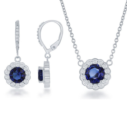 Sterling Silver, September Birthstone w/CZ Border Round Earrings & Necklace Set