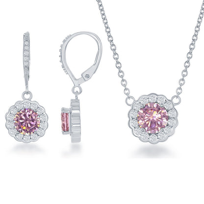 Sterling Silver, October Birthstone wCZ Border Round Earrings and Necklace Set
