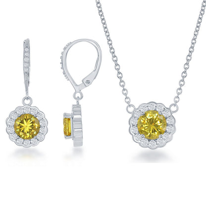 Sterling Silver, November Birthstone w/CZ Border Round Earrings and Necklace Set