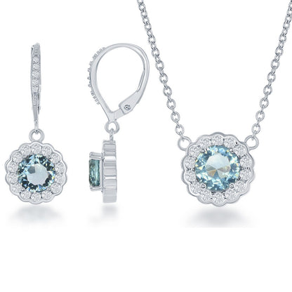 Sterling Silver, December Birthstone w/CZ Border Round Earrings and Necklace Set