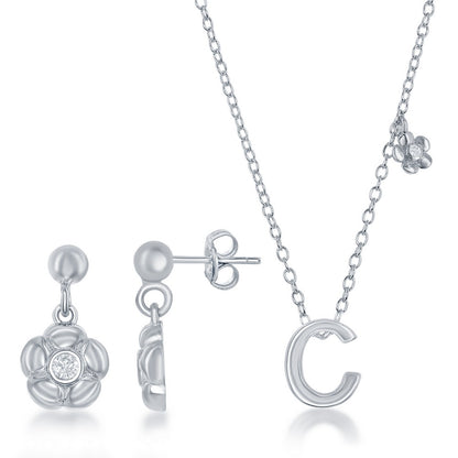Sterling Silver Shiny "C" with Tiny CZ Flower Necklace and Earrings Set